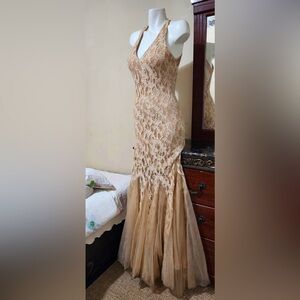 Let's Chico Low V-Neck Cream Gemmed Net Sleeveless Ruffled Trim Mermaid Dress